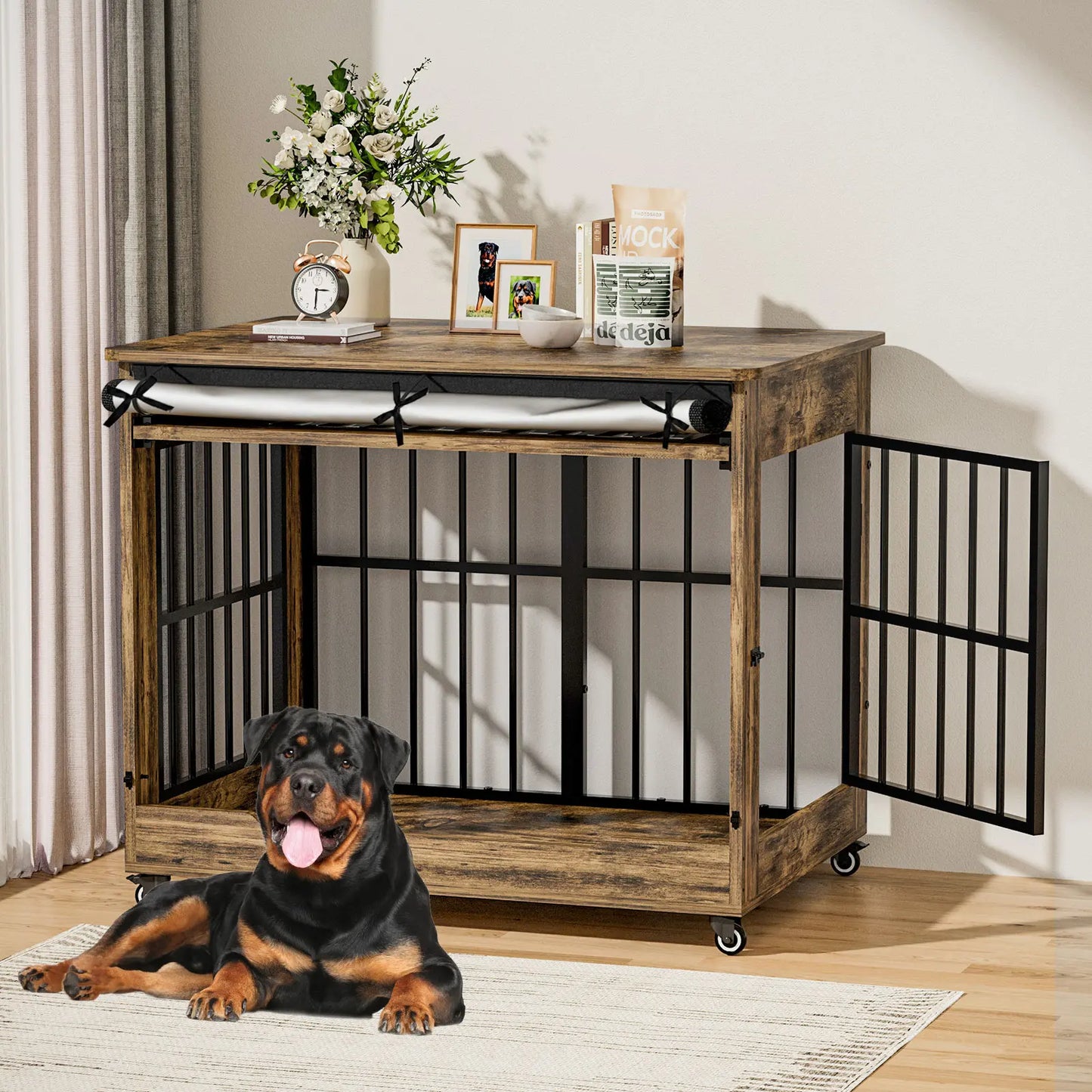 46" Heavy-Duty Indestructible Wooden Dog Crate with Wheels – Double Door Indoor Pet Kennel Featuring Lift-and-Push Front Door and Reinforced Steel Bars for Extra Large Breed Dogs
