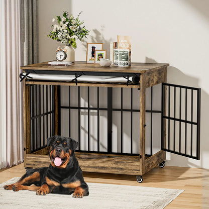 46" Heavy-Duty Indestructible Wooden Dog Crate with Wheels – Double Door Indoor Pet Kennel Featuring Lift-and-Push Front Door and Reinforced Steel Bars for Extra Large Breed Dogs