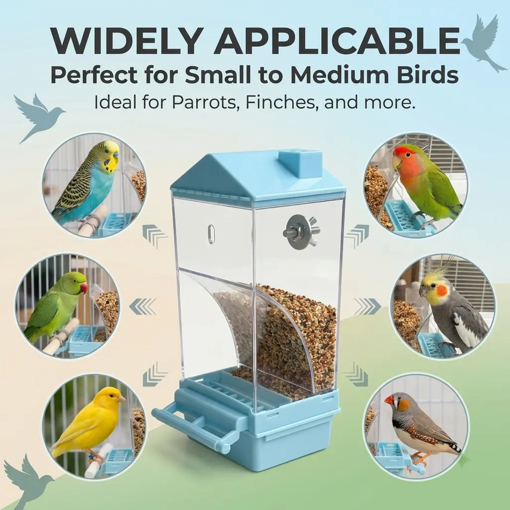 Automatic Gravity Bird Cage Feeder - Clear No-Waste Seed Dispenser with Perch, Easy-Install House-Shaped Food Container for Small Birds (Parakeets, Budgies)