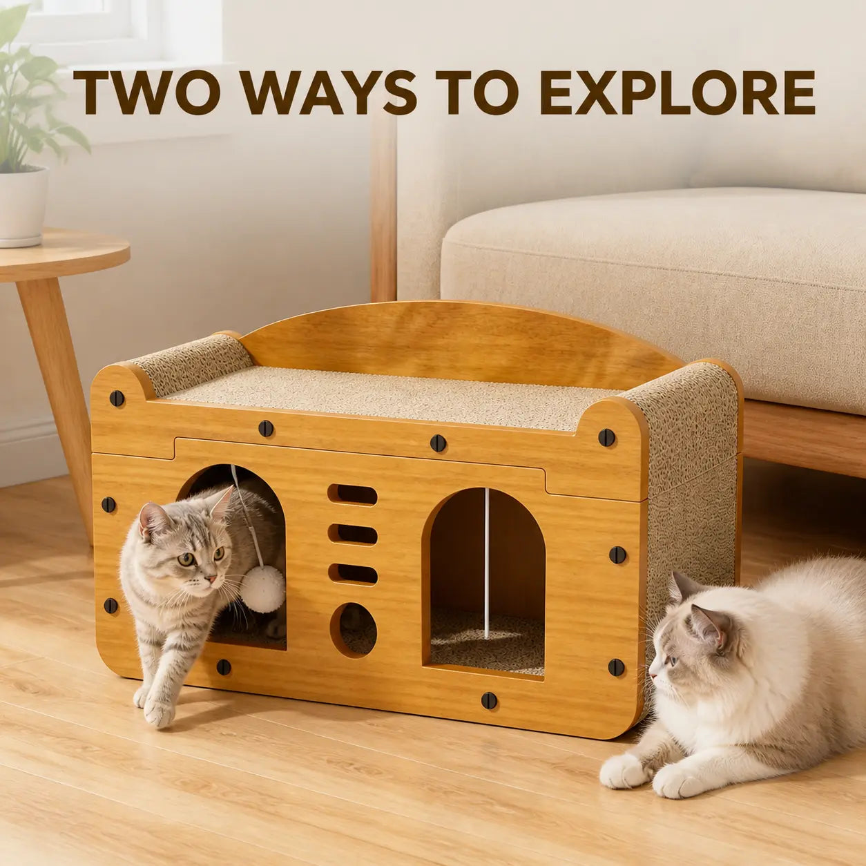 Eco-Friendly 3-in-1 Cardboard Cat Scratcher House: Cozy Lounge Bed, Durable Scratching Pad, and Indoor Cave with Teaser Balls for Relaxation and Play