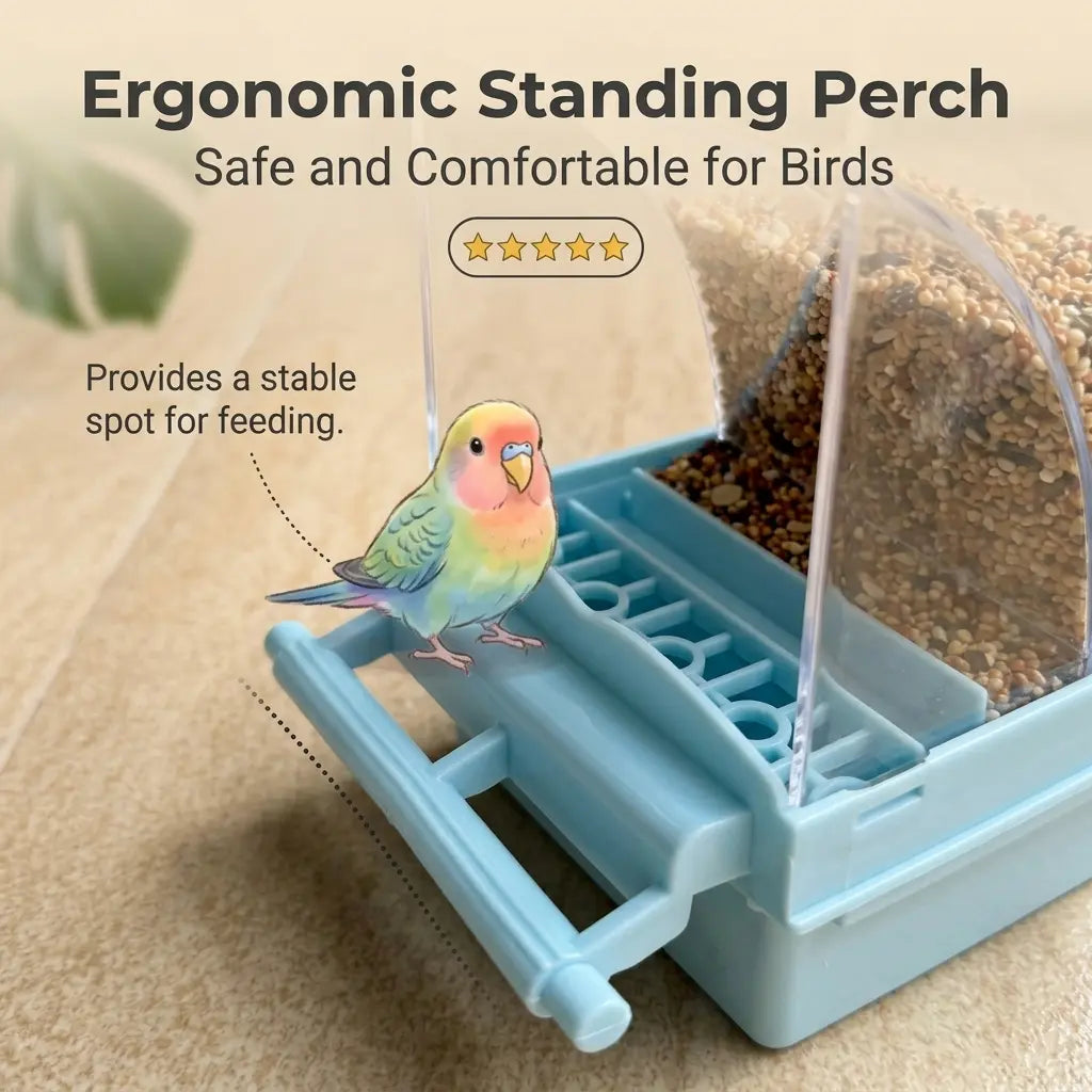 Automatic Gravity Bird Cage Feeder - Clear No-Waste Seed Dispenser with Perch, Easy-Install House-Shaped Food Container for Small Birds (Parakeets, Budgies)