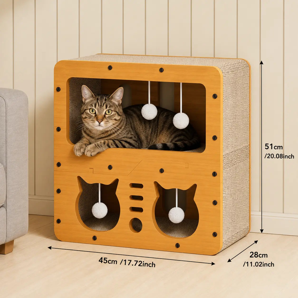 Eco-Friendly 3-in-1 Cardboard Cat Scratcher House: Cozy Lounge Bed, Durable Scratching Pad, and Indoor Cave with Teaser Balls for Relaxation and Play