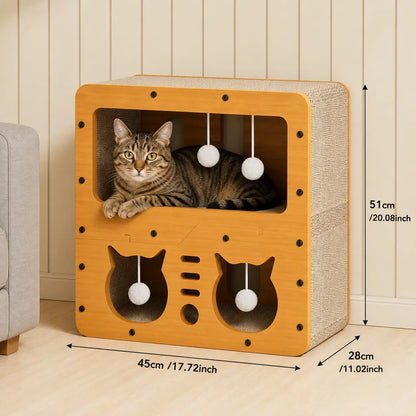 Eco-Friendly 3-in-1 Cardboard Cat Scratcher House: Cozy Lounge Bed, Durable Scratching Pad, and Indoor Cave with Teaser Balls for Relaxation and Play