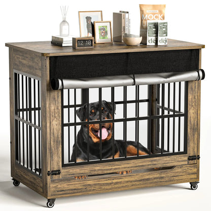 46" Heavy-Duty Indestructible Wooden Dog Crate with Wheels – Double Door Indoor Pet Kennel Featuring Lift-and-Push Front Door and Reinforced Steel Bars for Extra Large Breed Dogs