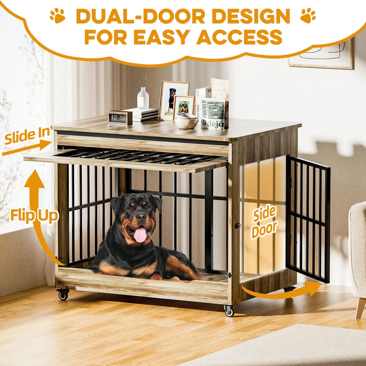 46" Heavy-Duty Indestructible Wooden Dog Crate with Wheels – Double Door Indoor Pet Kennel Featuring Lift-and-Push Front Door and Reinforced Steel Bars for Extra Large Breed Dogs
