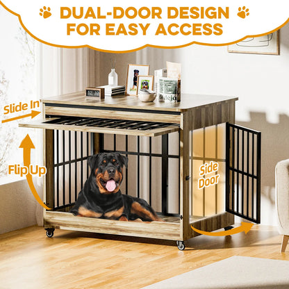 46" Heavy-Duty Indestructible Wooden Dog Crate with Wheels – Double Door Indoor Pet Kennel Featuring Lift-and-Push Front Door and Reinforced Steel Bars for Extra Large Breed Dogs
