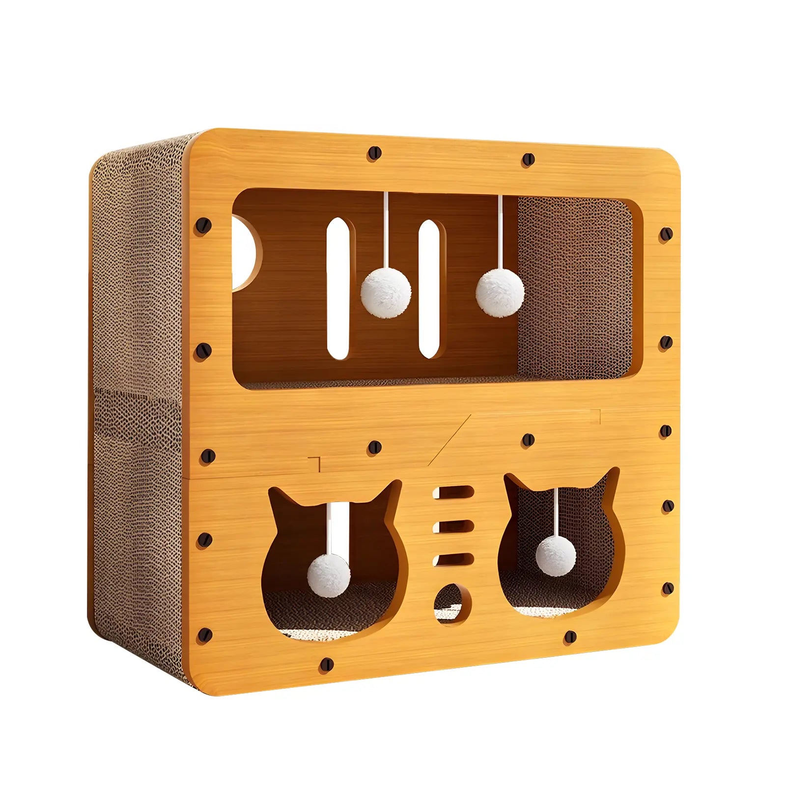 Eco-Friendly 3-in-1 Cardboard Cat Scratcher House: Cozy Lounge Bed, Durable Scratching Pad, and Indoor Cave with Teaser Balls for Relaxation and Play