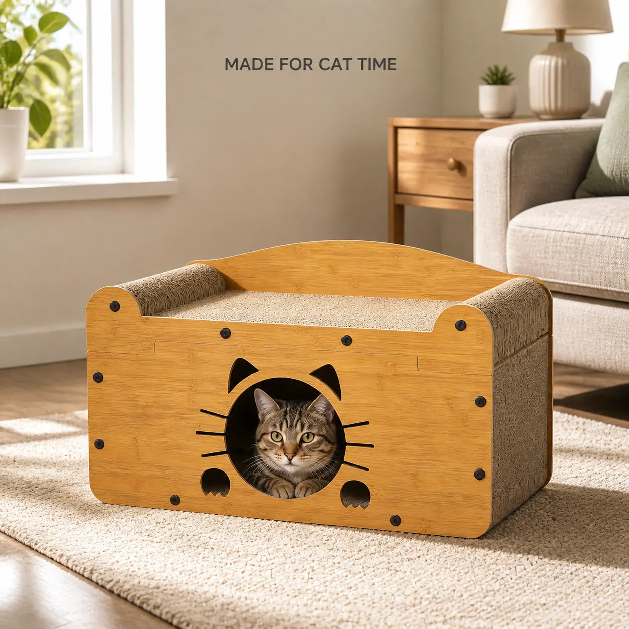 Eco-Friendly 3-in-1 Cardboard Cat Scratcher House: Cozy Lounge Bed, Durable Scratching Pad, and Indoor Cave with Teaser Balls for Relaxation and Play