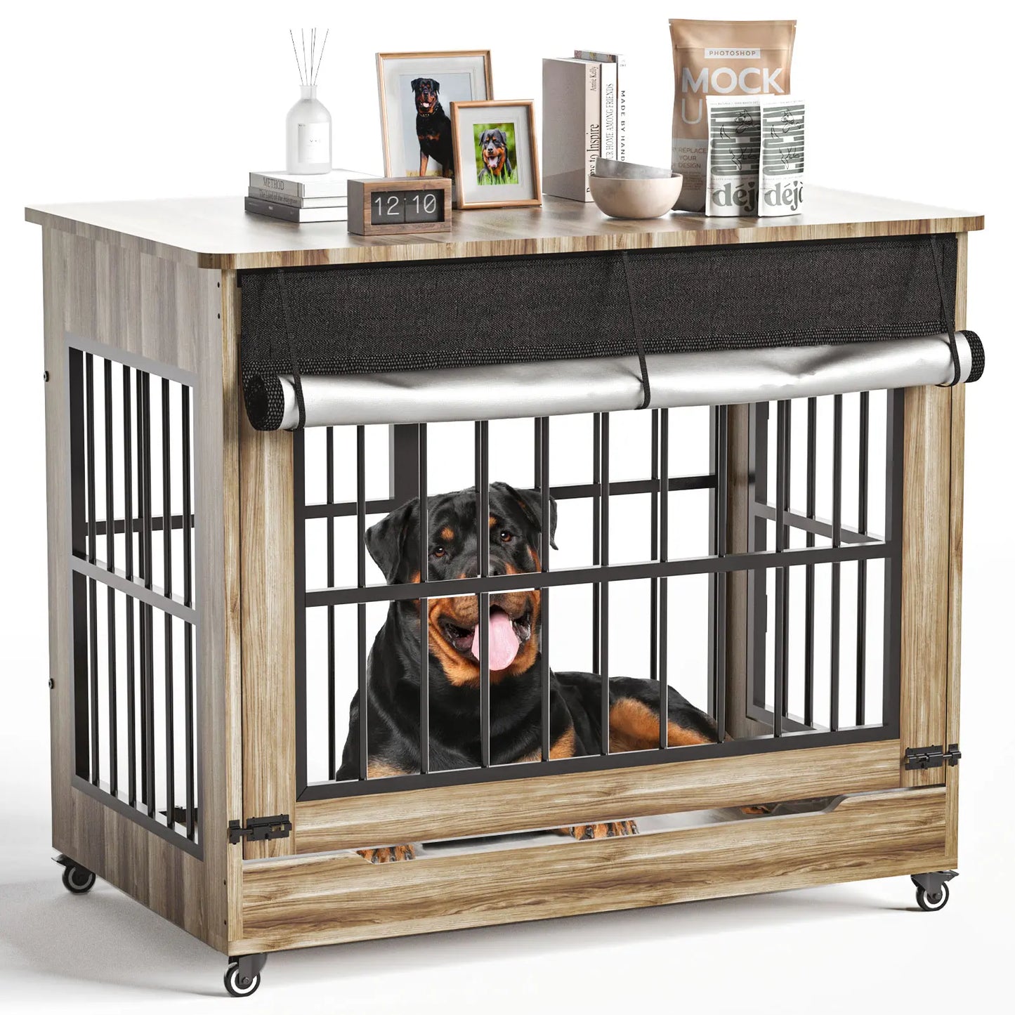 46" Heavy-Duty Indestructible Wooden Dog Crate with Wheels – Double Door Indoor Pet Kennel Featuring Lift-and-Push Front Door and Reinforced Steel Bars for Extra Large Breed Dogs