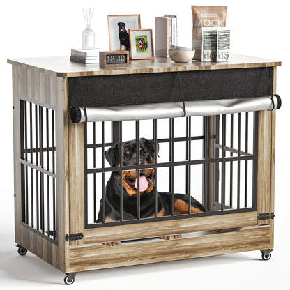 46" Heavy-Duty Indestructible Wooden Dog Crate with Wheels – Double Door Indoor Pet Kennel Featuring Lift-and-Push Front Door and Reinforced Steel Bars for Extra Large Breed Dogs