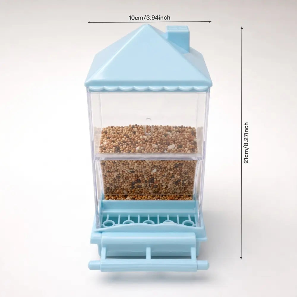 Automatic Gravity Bird Cage Feeder - Clear No-Waste Seed Dispenser with Perch, Easy-Install House-Shaped Food Container for Small Birds (Parakeets, Budgies)