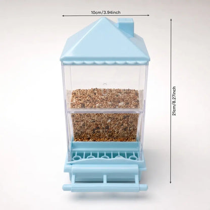 Automatic Gravity Bird Cage Feeder - Clear No-Waste Seed Dispenser with Perch, Easy-Install House-Shaped Food Container for Small Birds (Parakeets, Budgies)