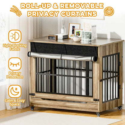 46" Heavy-Duty Indestructible Wooden Dog Crate with Wheels – Double Door Indoor Pet Kennel Featuring Lift-and-Push Front Door and Reinforced Steel Bars for Extra Large Breed Dogs