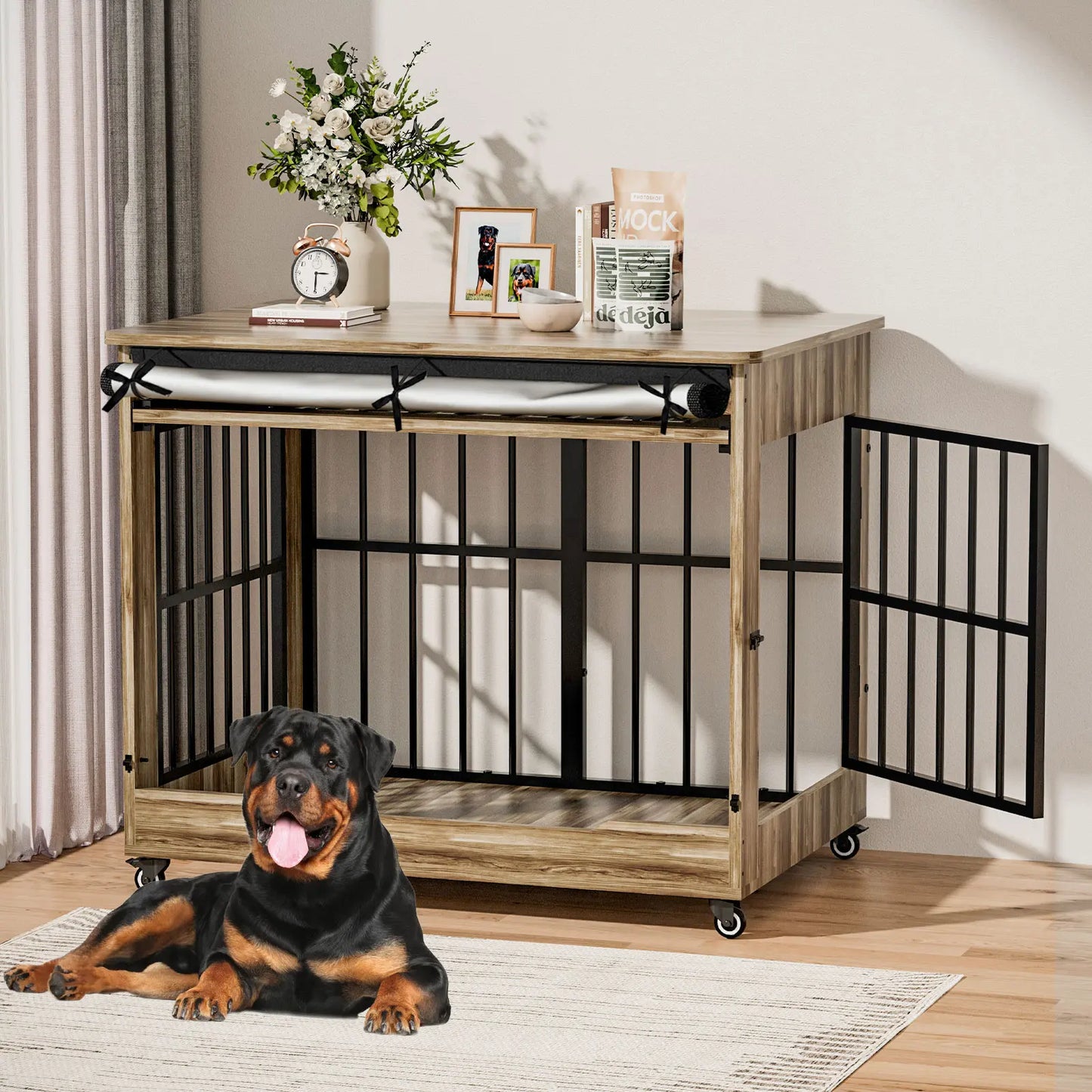 46" Heavy-Duty Indestructible Wooden Dog Crate with Wheels – Double Door Indoor Pet Kennel Featuring Lift-and-Push Front Door and Reinforced Steel Bars for Extra Large Breed Dogs
