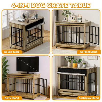 46" Heavy-Duty Indestructible Wooden Dog Crate with Wheels – Double Door Indoor Pet Kennel Featuring Lift-and-Push Front Door and Reinforced Steel Bars for Extra Large Breed Dogs