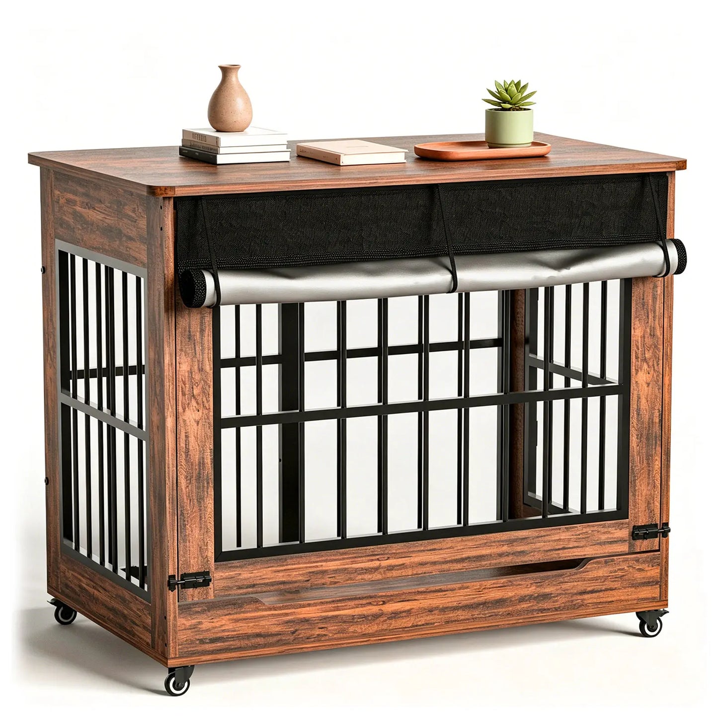 46" Heavy-Duty Indestructible Wooden Dog Crate with Wheels – Double Door Indoor Pet Kennel Featuring Lift-and-Push Front Door and Reinforced Steel Bars for Extra Large Breed Dogs