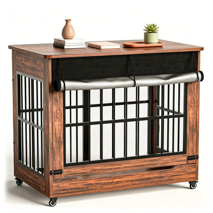 46" Heavy-Duty Indestructible Wooden Dog Crate with Wheels – Double Door Indoor Pet Kennel Featuring Lift-and-Push Front Door and Reinforced Steel Bars for Extra Large Breed Dogs
