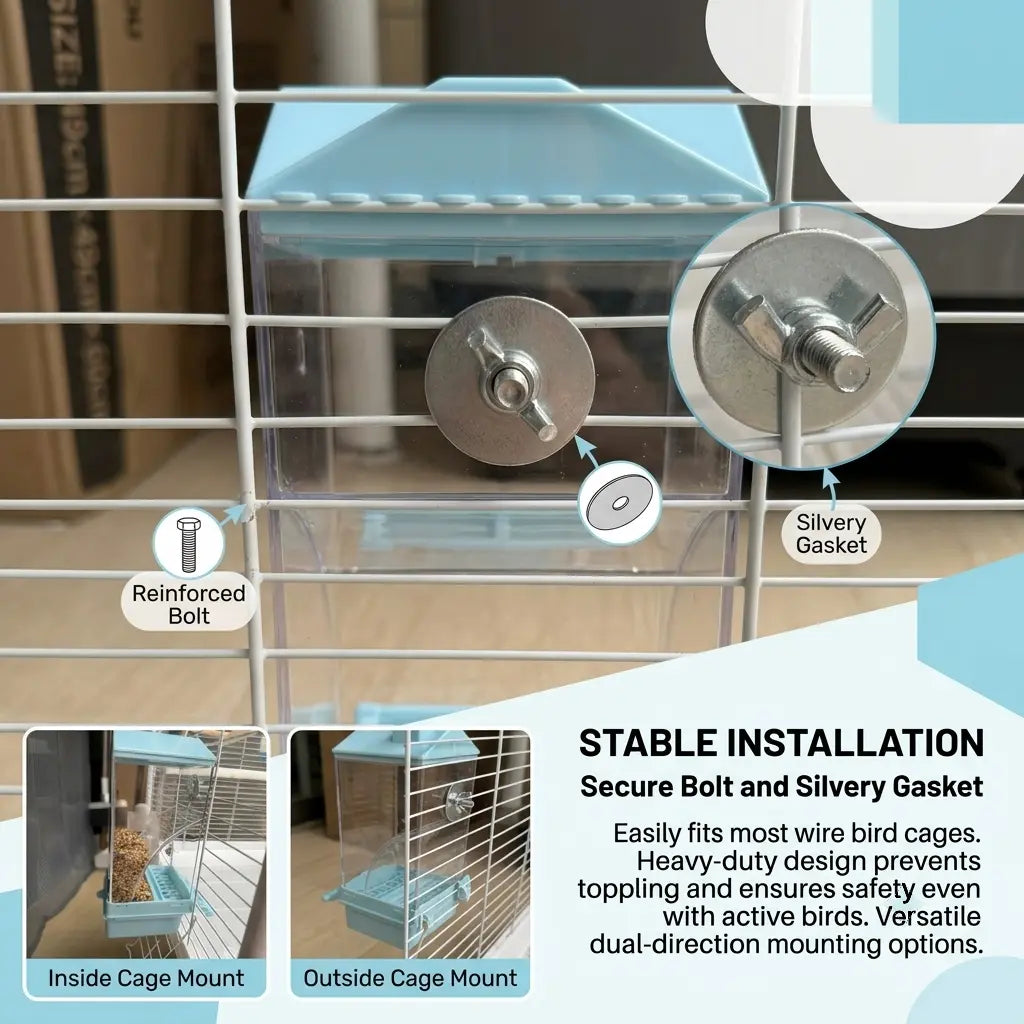 Automatic Gravity Bird Cage Feeder - Clear No-Waste Seed Dispenser with Perch, Easy-Install House-Shaped Food Container for Small Birds (Parakeets, Budgies)