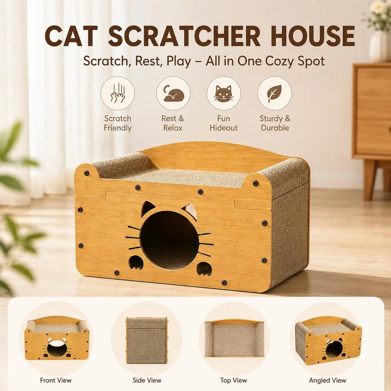 Eco-Friendly 3-in-1 Cardboard Cat Scratcher House: Cozy Lounge Bed, Durable Scratching Pad, and Indoor Cave with Teaser Balls for Relaxation and Play