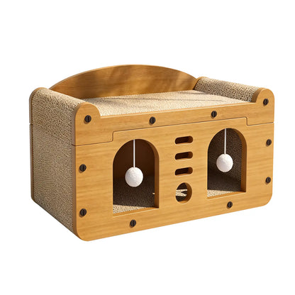 Eco-Friendly 3-in-1 Cardboard Cat Scratcher House: Cozy Lounge Bed, Durable Scratching Pad, and Indoor Cave with Teaser Balls for Relaxation and Play