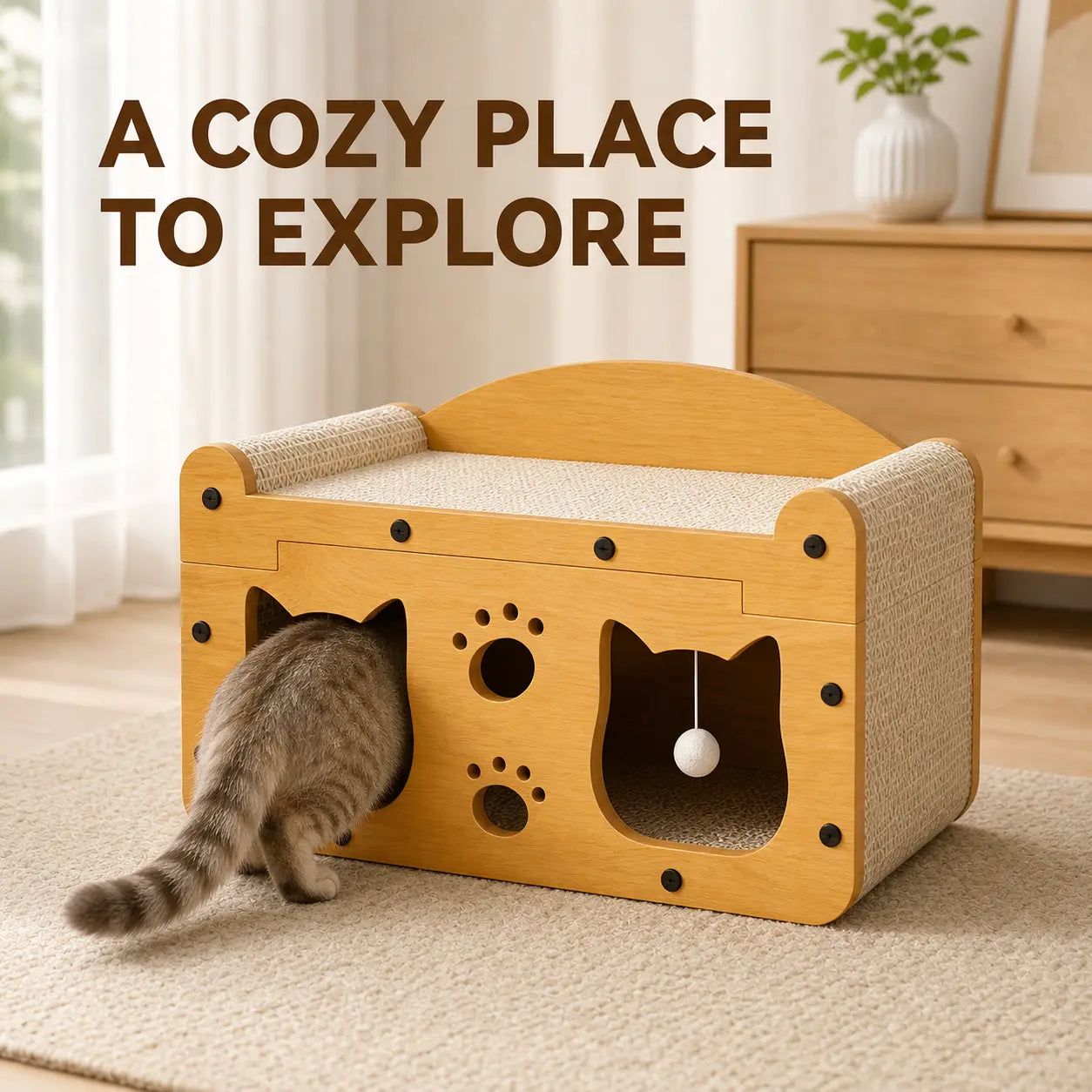 Eco-Friendly 3-in-1 Cardboard Cat Scratcher House: Cozy Lounge Bed, Durable Scratching Pad, and Indoor Cave with Teaser Balls for Relaxation and Play
