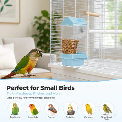 Automatic Gravity Bird Cage Feeder - Clear No-Waste Seed Dispenser with Perch, Easy-Install House-Shaped Food Container for Small Birds (Parakeets, Budgies)