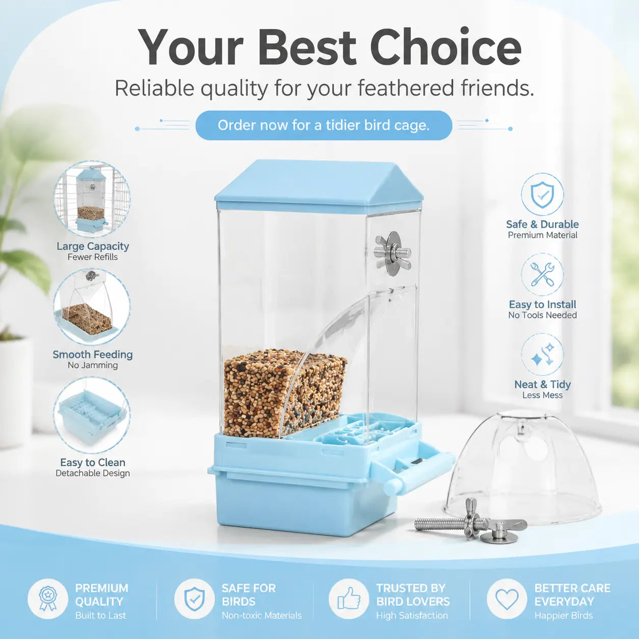 Automatic Gravity Bird Cage Feeder - Clear No-Waste Seed Dispenser with Perch, Easy-Install House-Shaped Food Container for Small Birds (Parakeets, Budgies)
