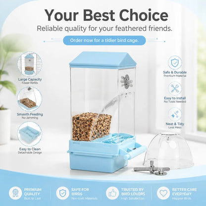 Automatic Gravity Bird Cage Feeder - Clear No-Waste Seed Dispenser with Perch, Easy-Install House-Shaped Food Container for Small Birds (Parakeets, Budgies)