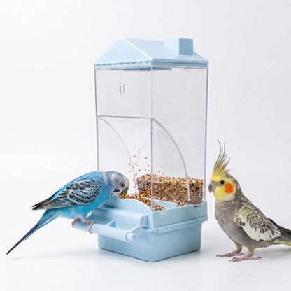 Automatic Gravity Bird Cage Feeder - Clear No-Waste Seed Dispenser with Perch, Easy-Install House-Shaped Food Container for Small Birds (Parakeets, Budgies)