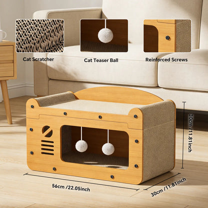Eco-Friendly 3-in-1 Cardboard Cat Scratcher House: Cozy Lounge Bed, Durable Scratching Pad, and Indoor Cave with Teaser Balls for Relaxation and Play