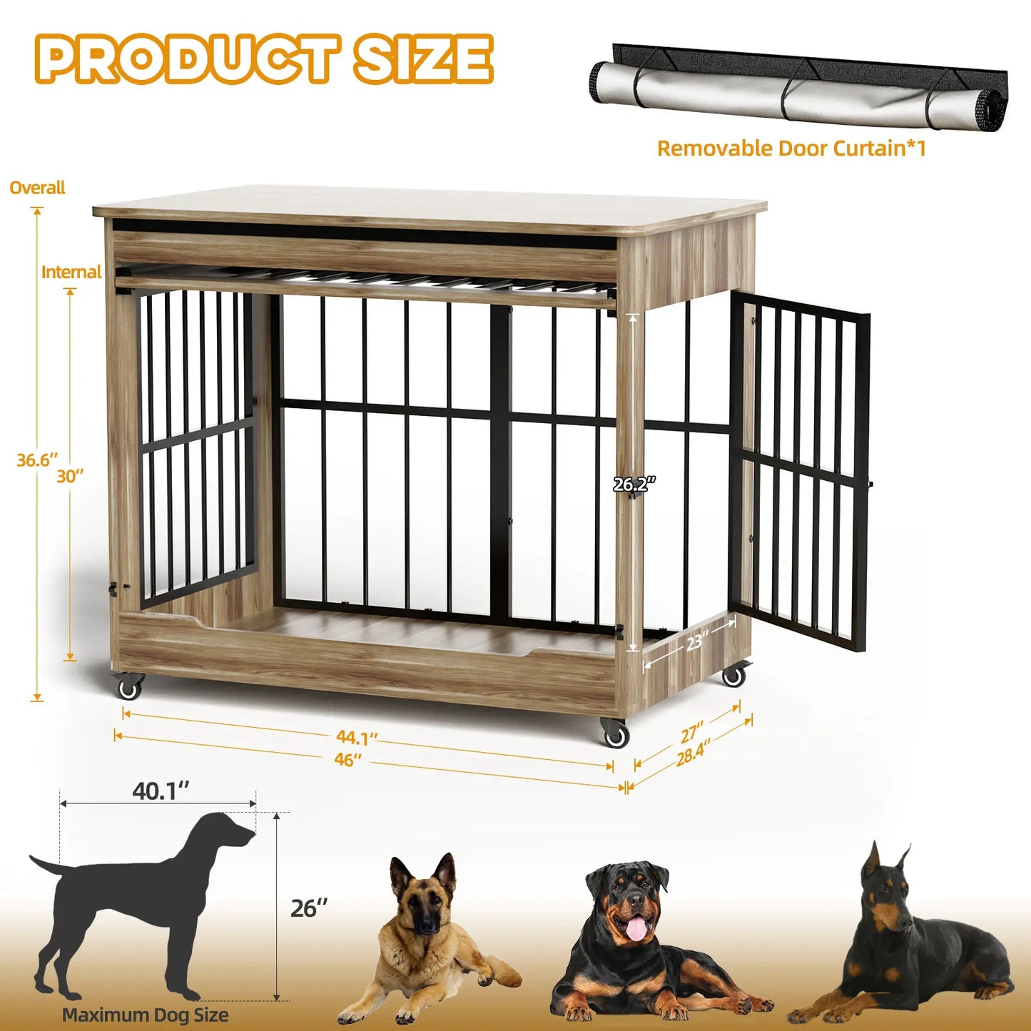 46" Heavy-Duty Indestructible Wooden Dog Crate with Wheels – Double Door Indoor Pet Kennel Featuring Lift-and-Push Front Door and Reinforced Steel Bars for Extra Large Breed Dogs