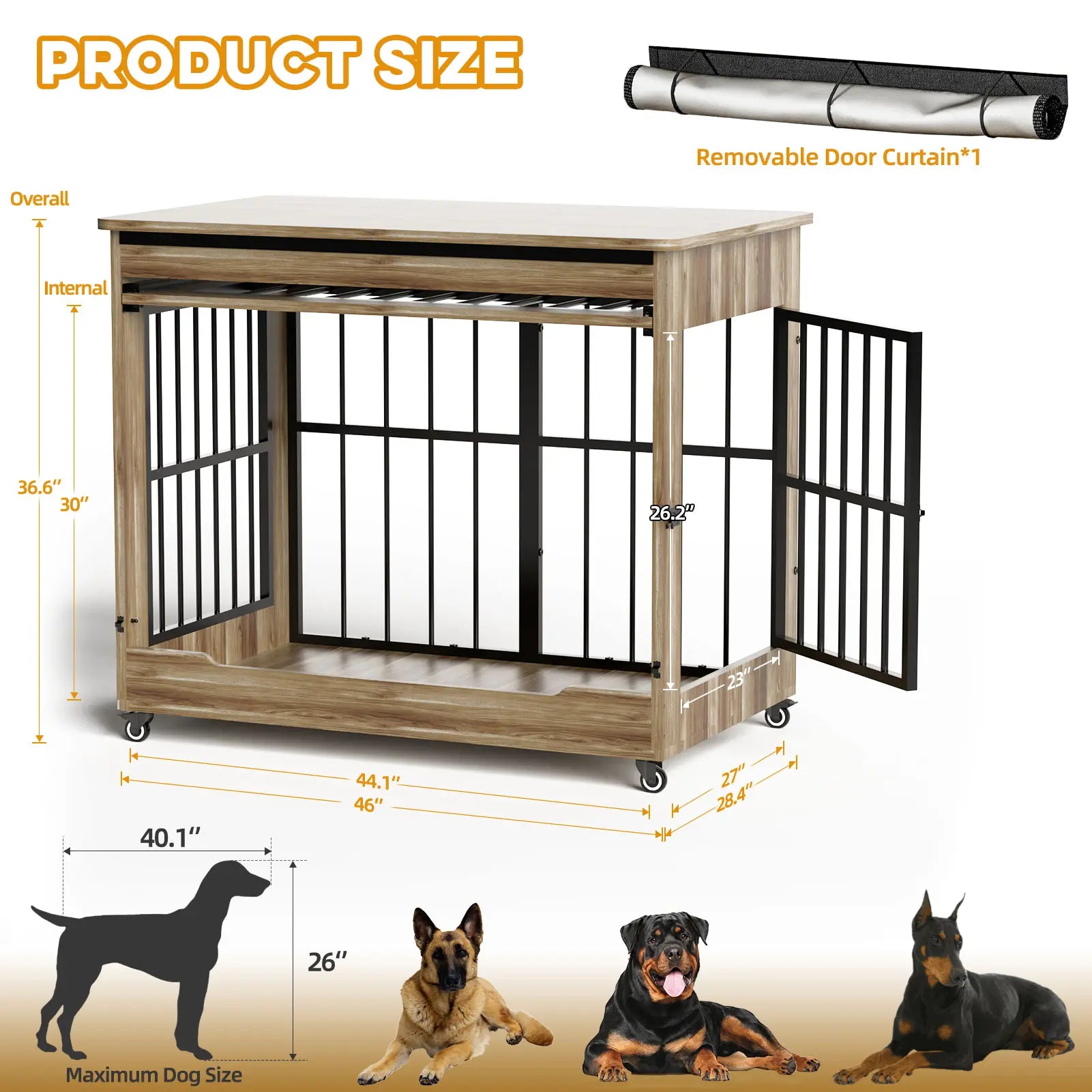 46" Heavy-Duty Indestructible Wooden Dog Crate with Wheels – Double Door Indoor Pet Kennel Featuring Lift-and-Push Front Door and Reinforced Steel Bars for Extra Large Breed Dogs