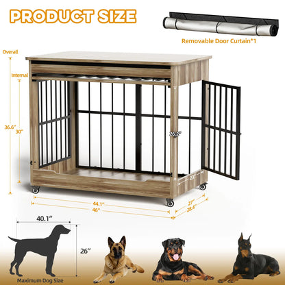 46" Heavy-Duty Indestructible Wooden Dog Crate with Wheels – Double Door Indoor Pet Kennel Featuring Lift-and-Push Front Door and Reinforced Steel Bars for Extra Large Breed Dogs